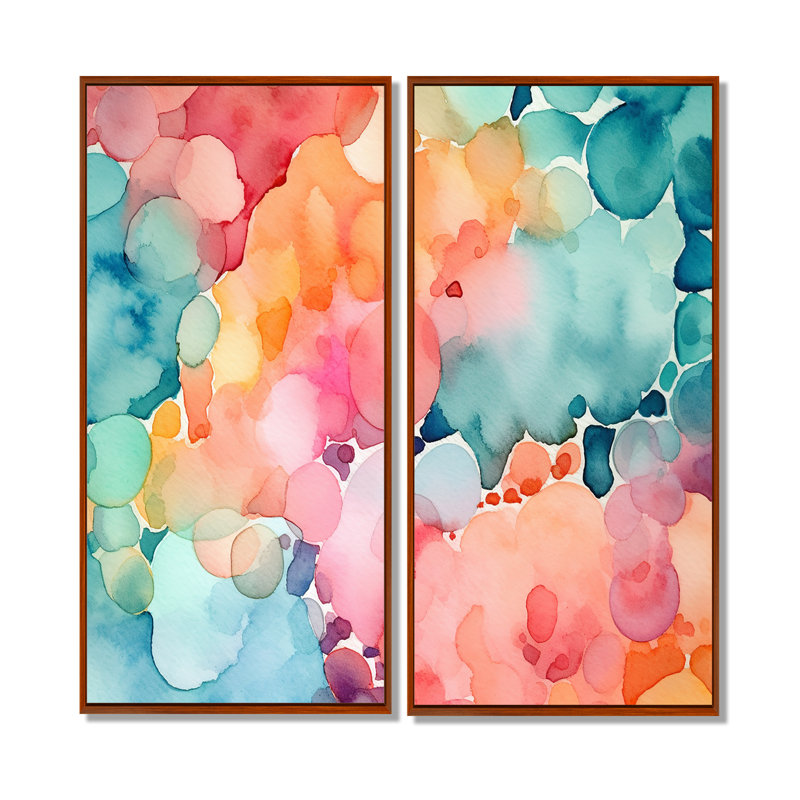 Rose et bleu sarcelle, éclaboussures enchantées - décoration murale moderne 2 panneaux, H 32 po x l 32 po, Brun