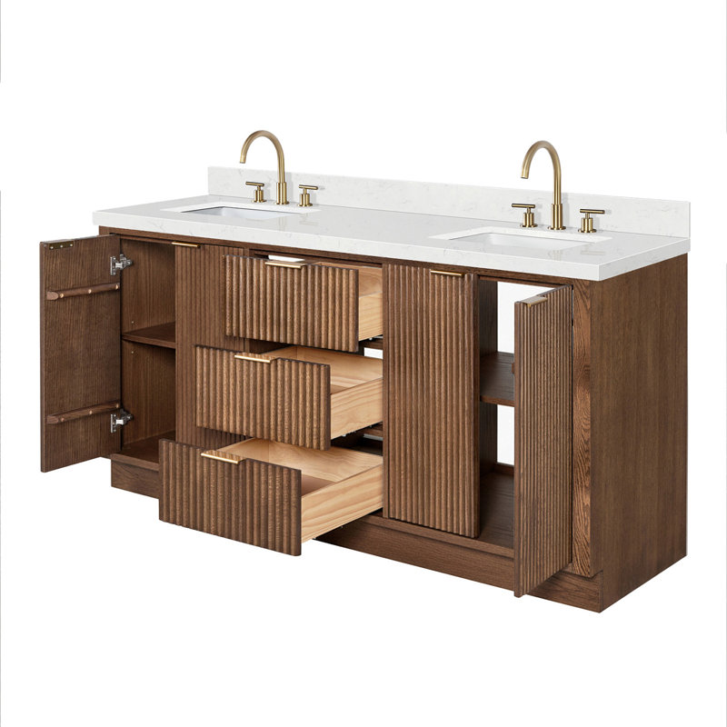 Haun 72'' Solid Wood Double Bathroom Vanity with 1.5'' Carrara Quartz Top, Rectangle, Brown Oak