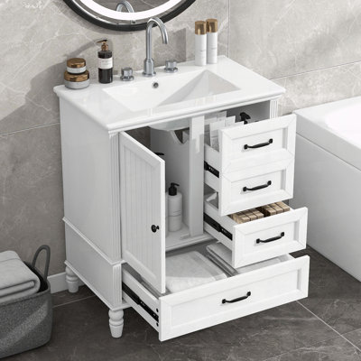 Meuble-lavabo rétro de 30 pouces avec lavabo en céramique et tiroirs à fermeture douce