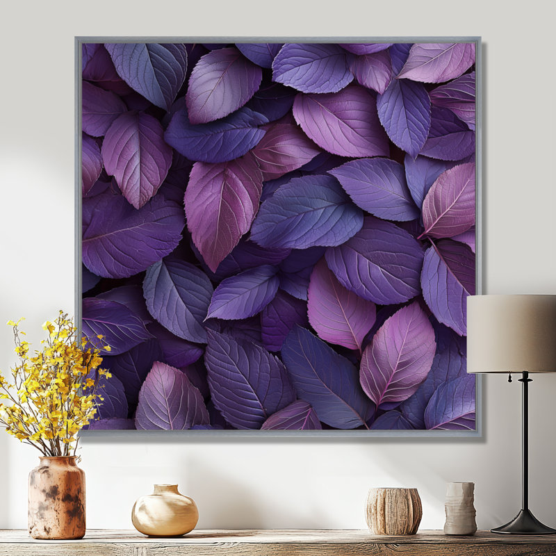 Plum Leaves Evening Collage I - Leaves, art mural, H 16 po x l 16 po, Impression encadrée flottante, Argent argent
