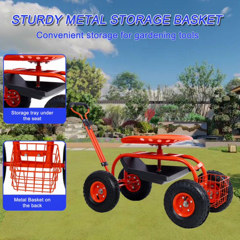 Red Steel Rolling Garden Scooter with Swivel Seat and Tool Tray