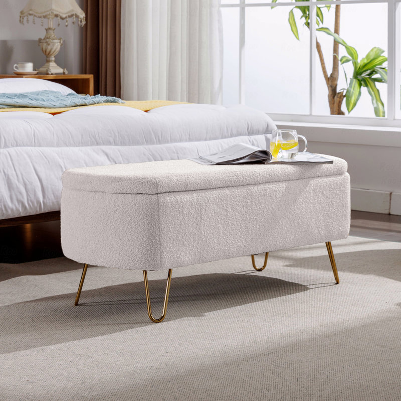 Banc de rangement en fausse fourrure avec pieds en métal doré, repose-pieds de bout de lit multifonctionnel, Ivoire ivoire