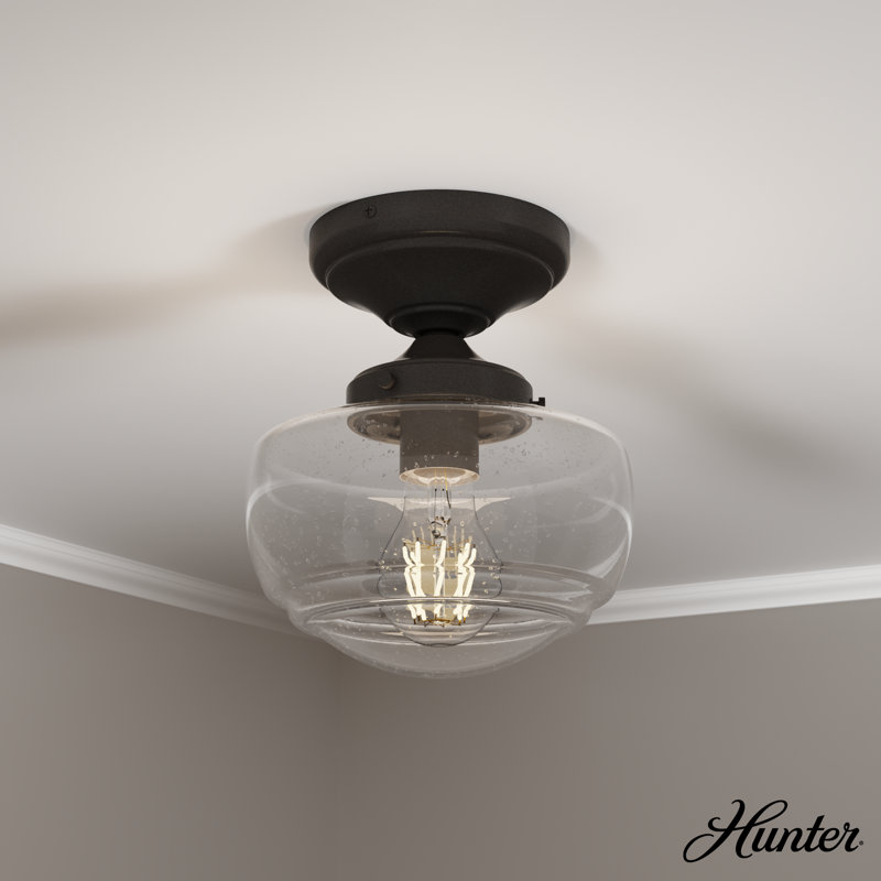 Hunter Saddle Creek 1 Light Mini Flush Mount Ceiling Light Fixture, Clear Seeded, Noble Bronze