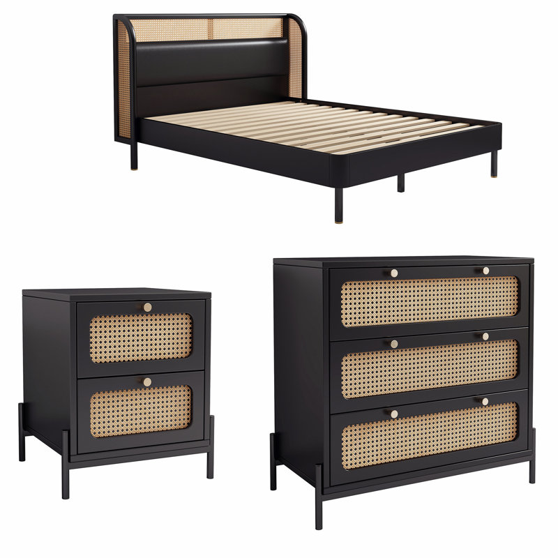 Ensemble de chambre à coucher 3 pièces avec motif en rotin, Noir