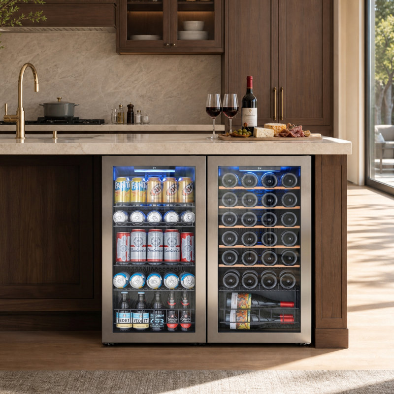 Wine and Beverage Cooler Combo 28 Bottle 105 Cans Freestanding Dual Zone Wine Beverage Fridge with Reversible Door 3-Color LED Light Adjust Shelves 