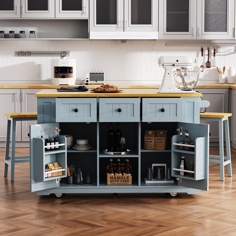 53inch Large Kitchen Island with 2 Bar Stools, Power Outlet, Blue