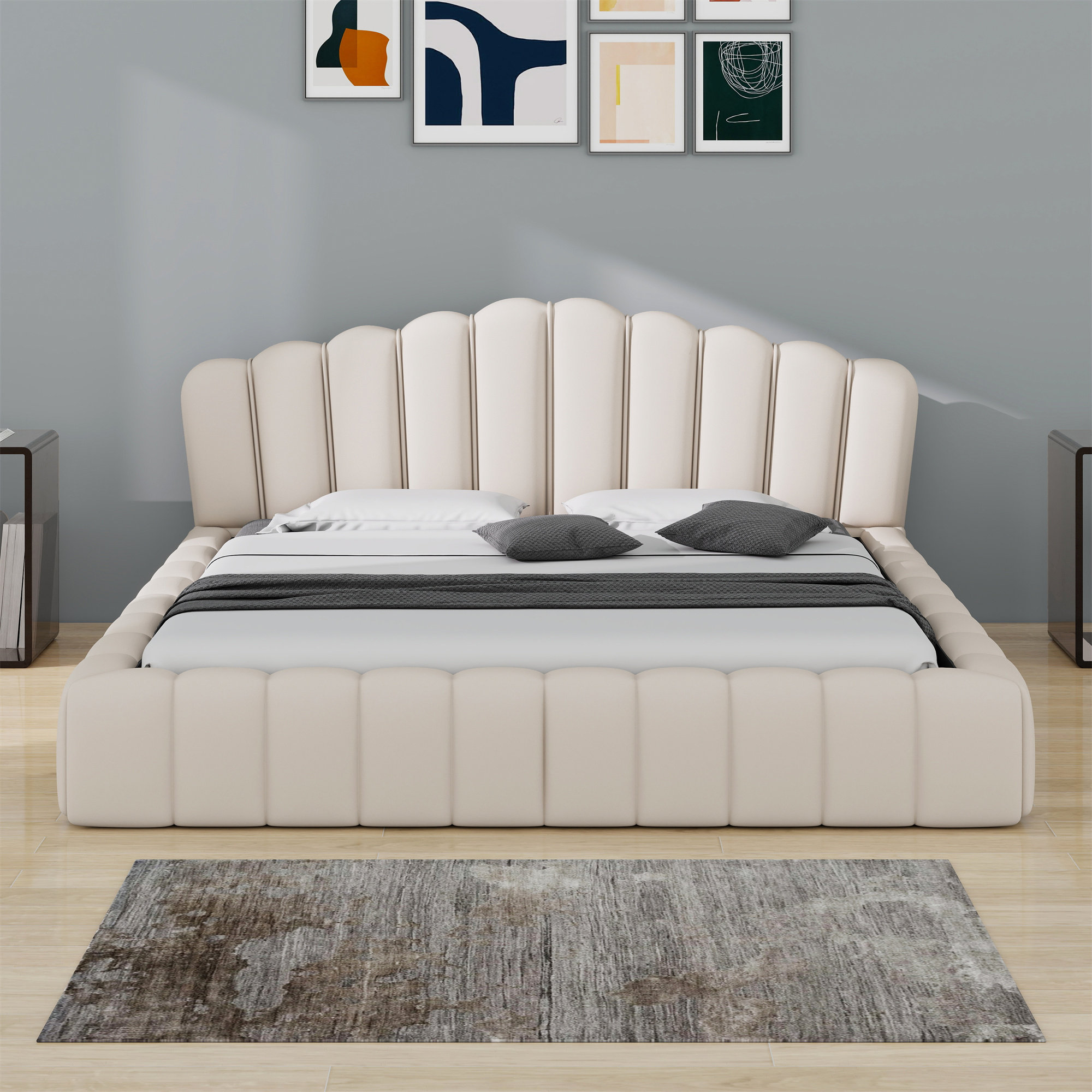 Mercer41 Upholstered Bed Floor Bed Frame Shell-Shaped Headboard | Wayfair