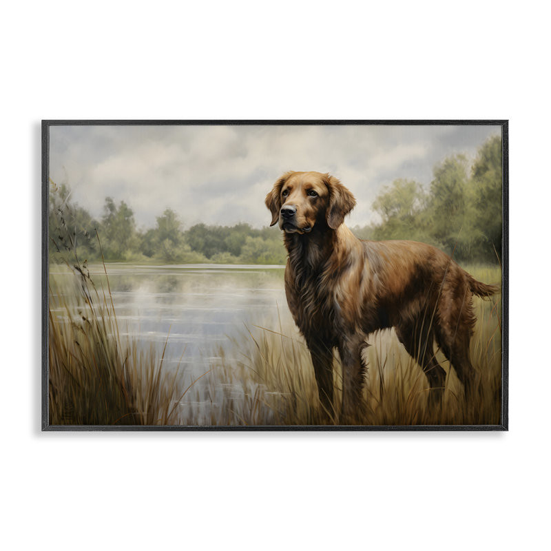Retriever Dog & Pond, estampe numérique par Petal Prints Design, Giclée encadrée noir minuit, H 12 po x l 18 po