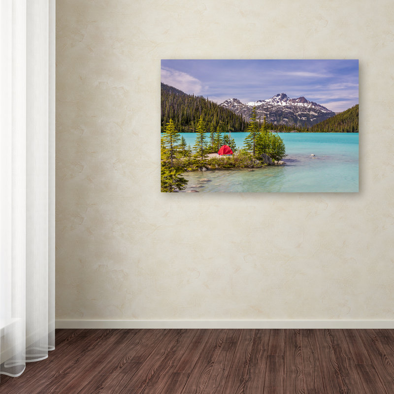 Red Tent on Blue Lake Landscape Canvas Print
