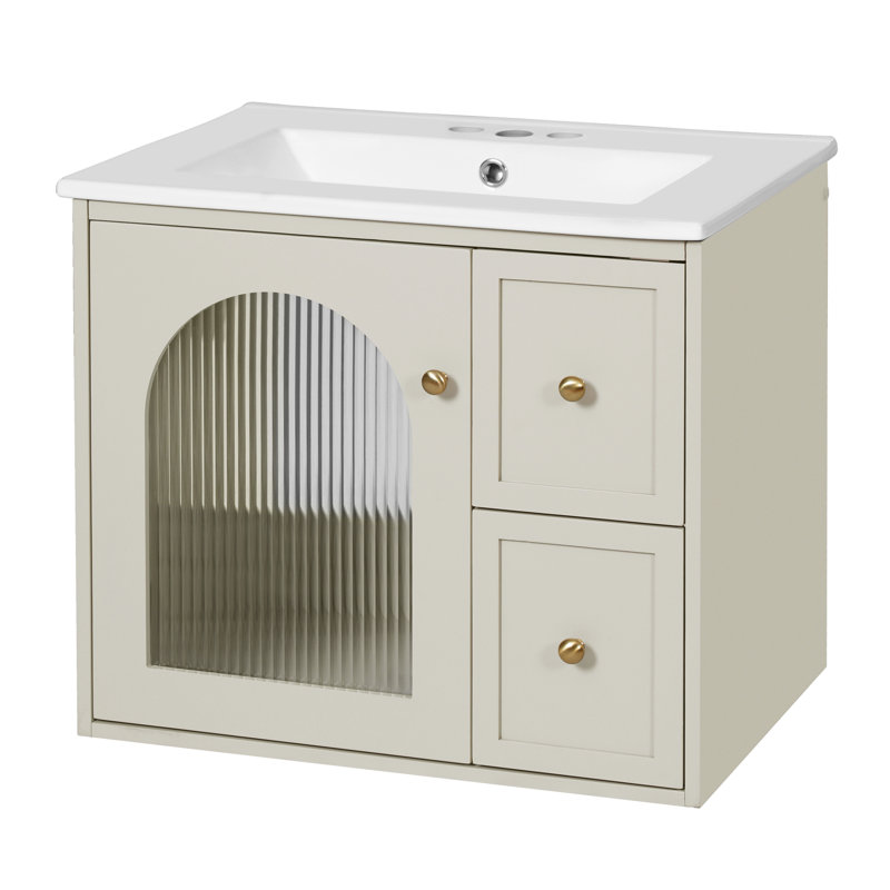 Bathroom Vanity Set Wall Mounted for Small Space with Ceramic Sink, Beige/Ceramic