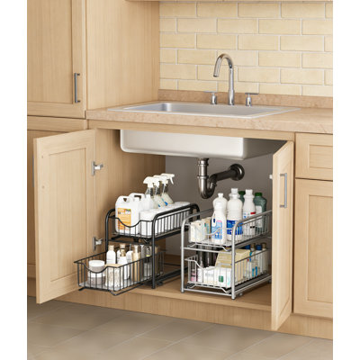 2-Tier Pull Out Under Sink Organizer Sliding Drawers Stackable Silver