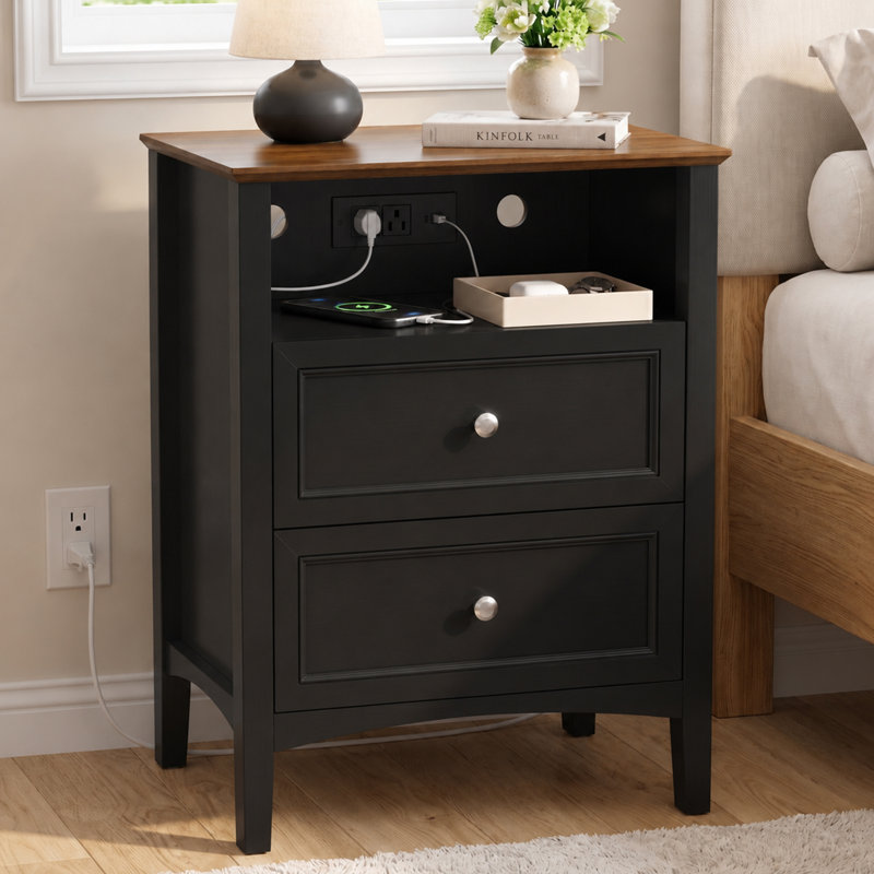 Ensemble de 2 tables de chevet de style ferme moderne avec 2 tiroirs et une tablette ouverte, Noir