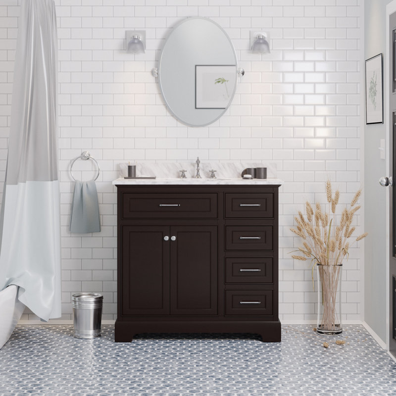 36'' Single Bathroom Vanity with Top, Chocolate, Carrara Marble