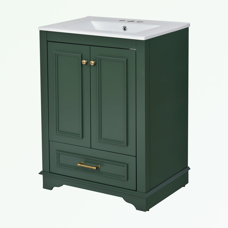 Ensemble de meuble-lavabo avec lavabo en céramique et poignées en métal, Vert