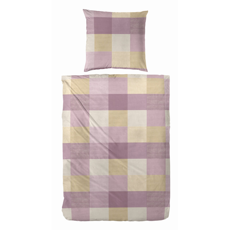 Reshard Cotton Chequered Duvet Cover Set with Pillow Shams Included, Rosa/Yellow