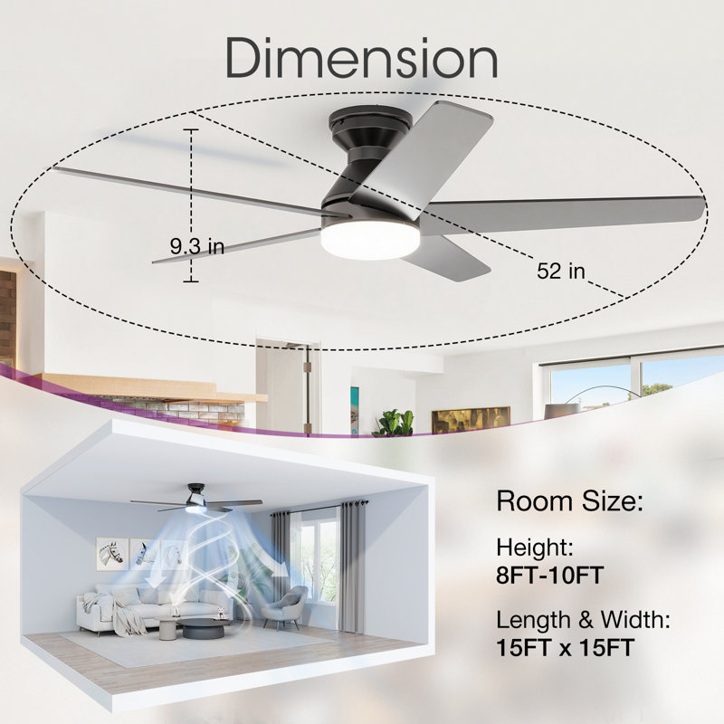 Ventilateur de plafond moderne à 5 pales de 52 po avec lumière, DEL 3ct, moteur à courant continu à 6 vitesses, télécommande, encastré, noir