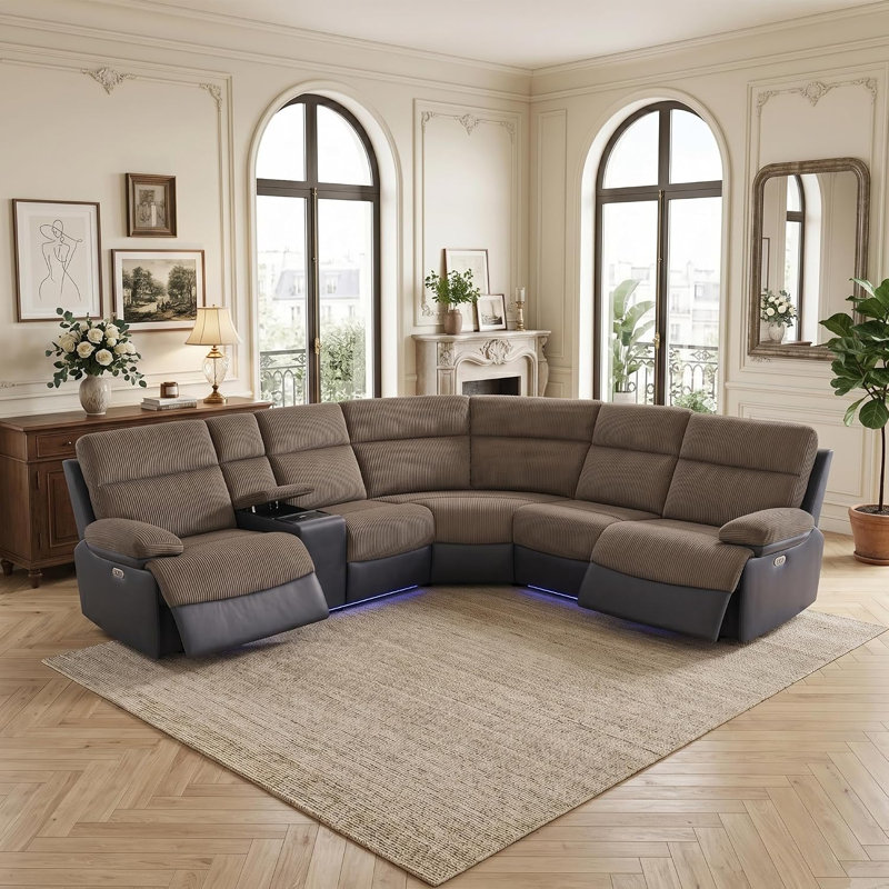 Canapé d'angle inclinable électrique 3 pièces avec revêtement en tissu, console de rangement et éclairage DEL, Tissu noir