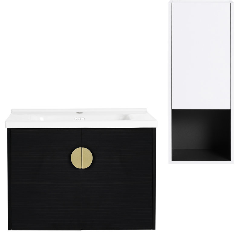 Meuble-lavabo de salle de bain avec lavabo en céramique et unité latérale - armoire de rangement moderne 28 po châtaignier noir