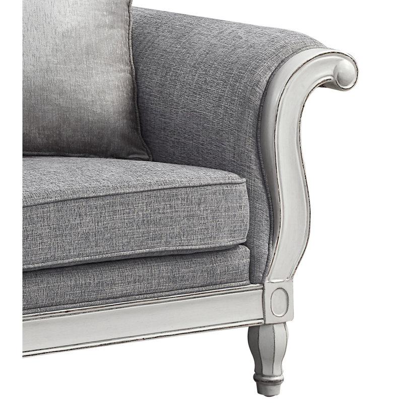 Causeuse Florian en tissu gris et blanc antique avec 3 coussins
