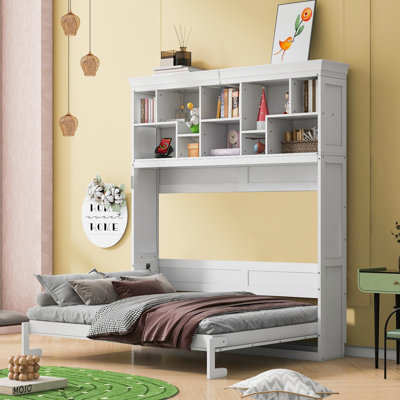 Grand lit escamotable équipé de tablettes supérieures, lit mural en bois avec ports USB