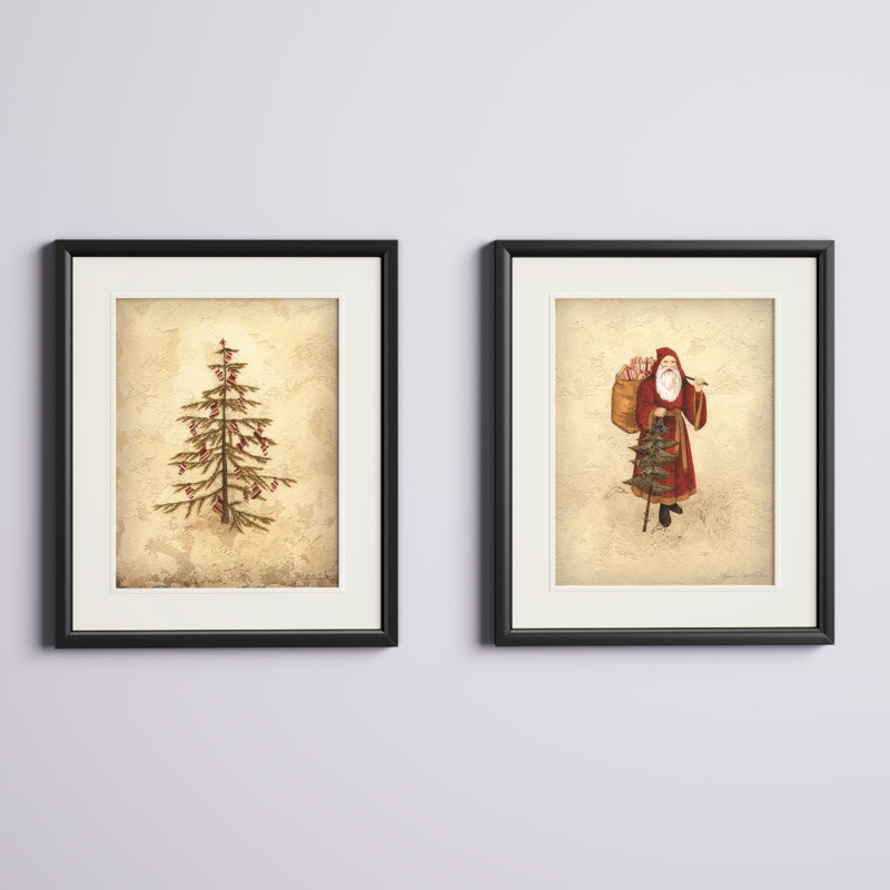 «Santa and Tree», ensemble de 2 reproductions de peintures à l'acrylique encadrées