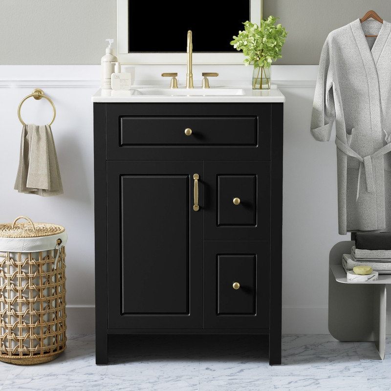 Meuble-lavabo 24 po avec lavabo en céramique, porte à fermeture douce, 2 tiroirs, porte double, Noir