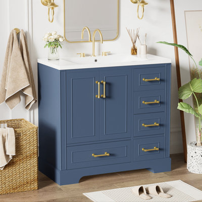 Ensemble de meuble-lavabo traditionnel 36 po avec lavabo en résine, armoire de salle de bain avec deux portes et quatre tiroirs