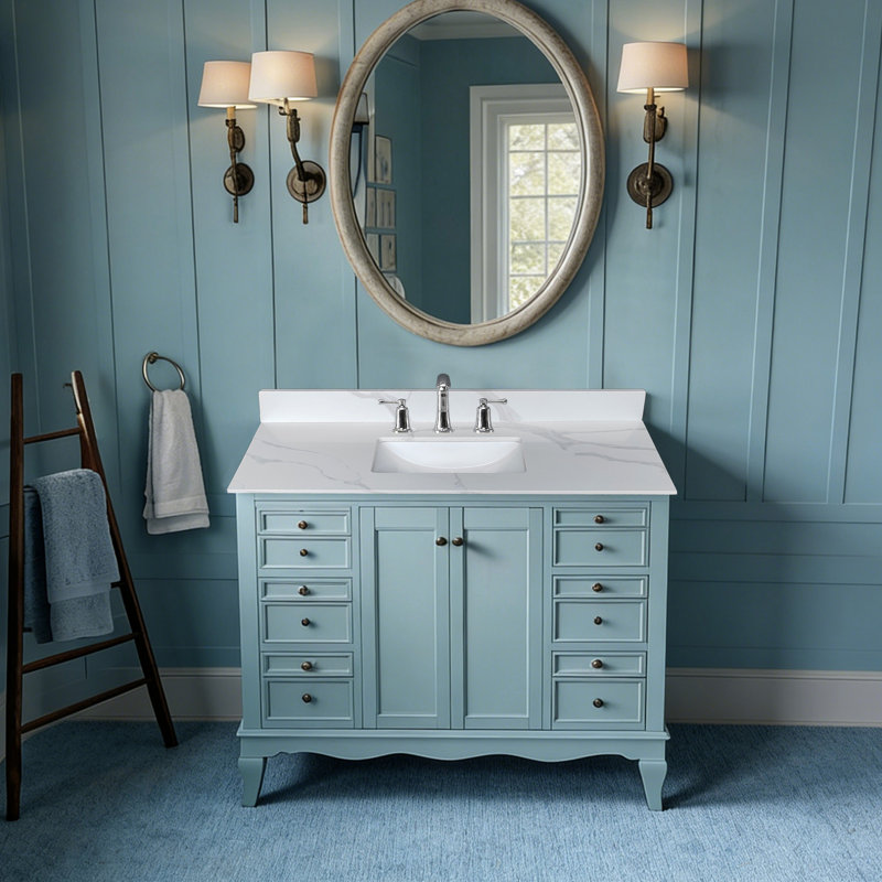Plateau de meuble-lavabo en quartz blanc de 43 pouces, 3/4 po d'épaisseur, cuve simple encastrée, 4 dosserets, 3 trous de robinet, chauffage, modernisation luxueuse avec lavabo central, teinture haute pré-percée de conception américaine