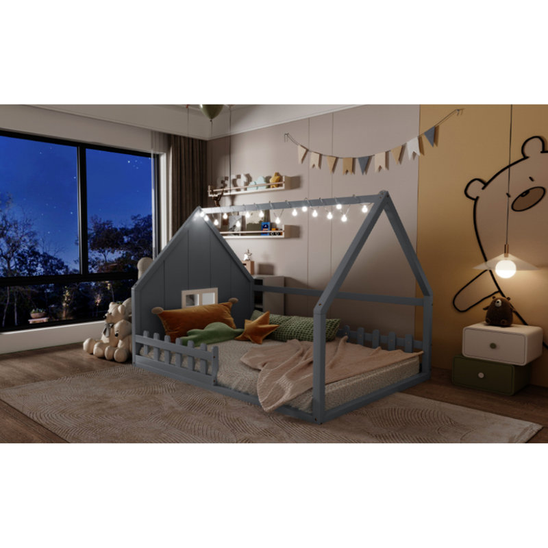 Lit double en bois de couleur grise - Construction avec pin et fenêtre de clôture, à DEL, sans sommier pour un espace de détente serein