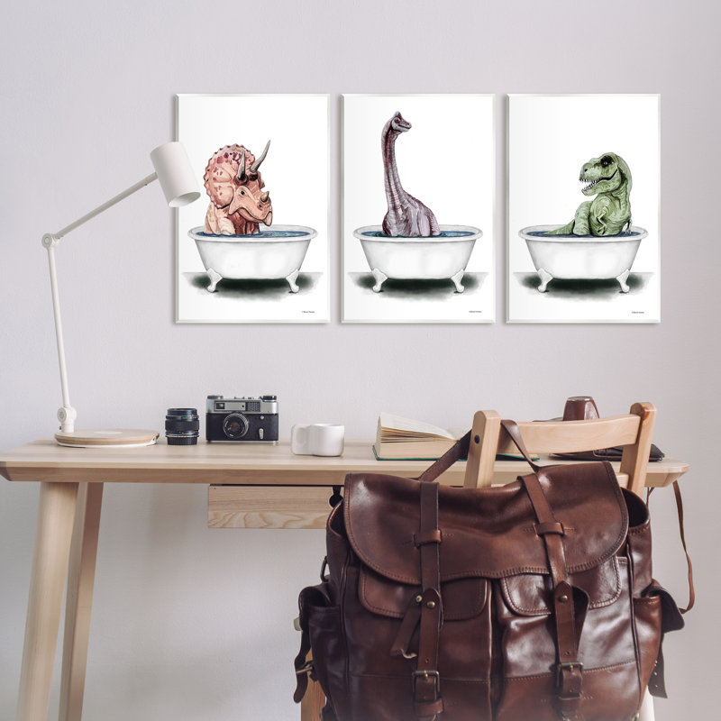 «Fun Dinosaurs Bathroom Tubs» par Sally Swatland - ensemble de 3 impressions, H 30 po x l 72 po x P 1,5 po