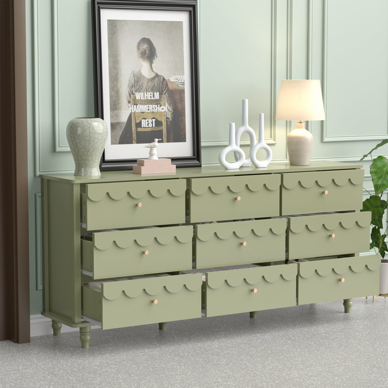 Commode de décoration florale 9 tiroirs 63,1 po, Vert