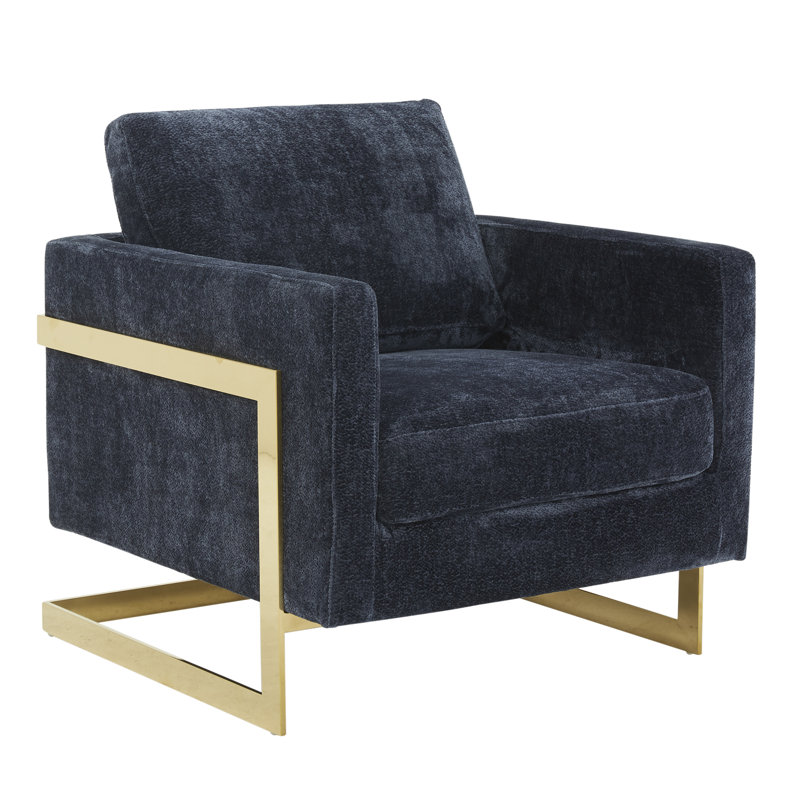 Lincoln Boucle Fabric Accent Armchair with Stainless Steel Frame and Removable Cushion, Blue, Gold