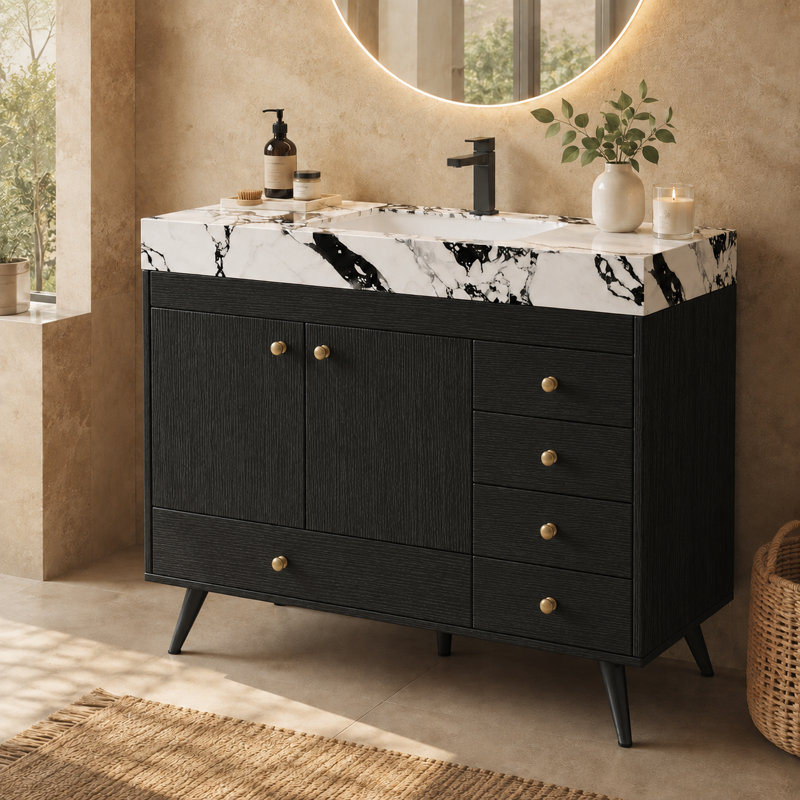 Meuble-lavabo autoportant de 91 cm (36 po) avec comptoir en pierre frittée, lavabo en céramique, 5 tiroirs et armoire à double porte