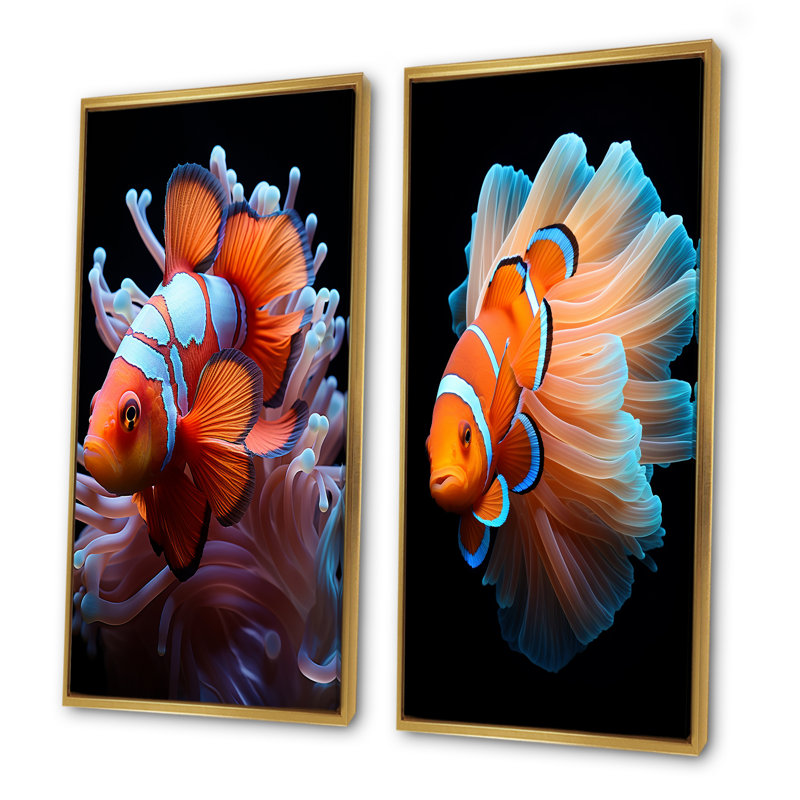 Portrait de poisson clown orange - ensemble de 2 décorations murales corail sous l'eau, Cadre flottant doré