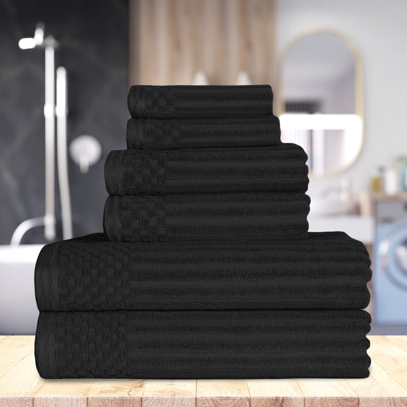 Ruvins Cotton Highly Absorbent 6-Piece Solid and Checkered Border Towel Set, Black