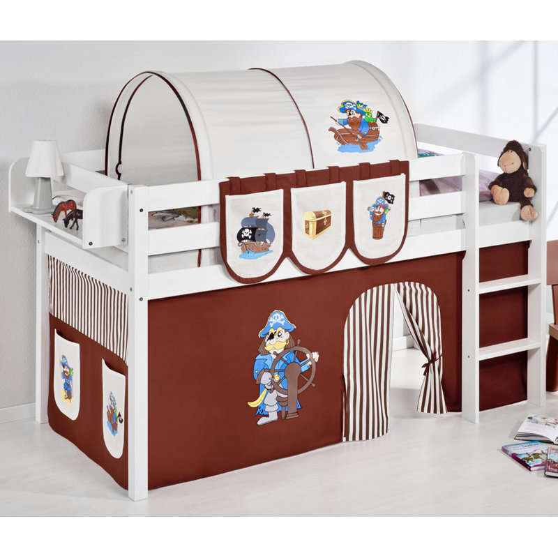Pirate European Single (90 x 200cm) Mid Sleeper Bed with Curtain, Brown and beige