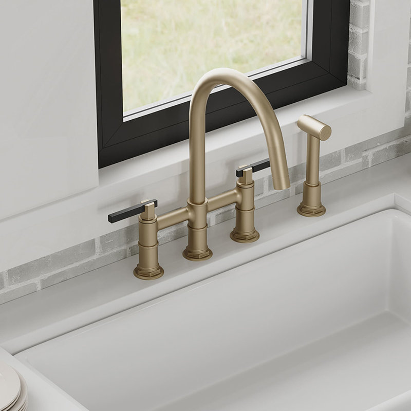 4 Hole Bridge Kitchen Faucet With Side Sprayer Double Handle Kitchen Sink Faucets Brass High Arc Kitchen Basin Taps With Swivel Spout