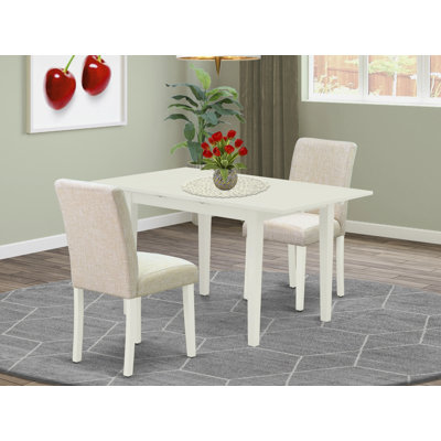 L'ensemble de table de salle à manger 3 pièces contient une table rectangulaire en bois avec feuille papillon et 2 chaises rembourrées en tissu de lin beige clair, lin blanc