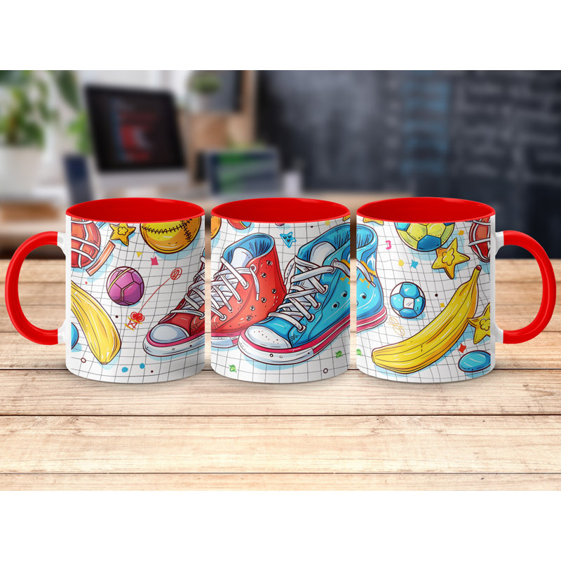 Kids Drawing Style 11oz Accent Mugs – Ceramic Coffee Cup with a Red Handle and Interior