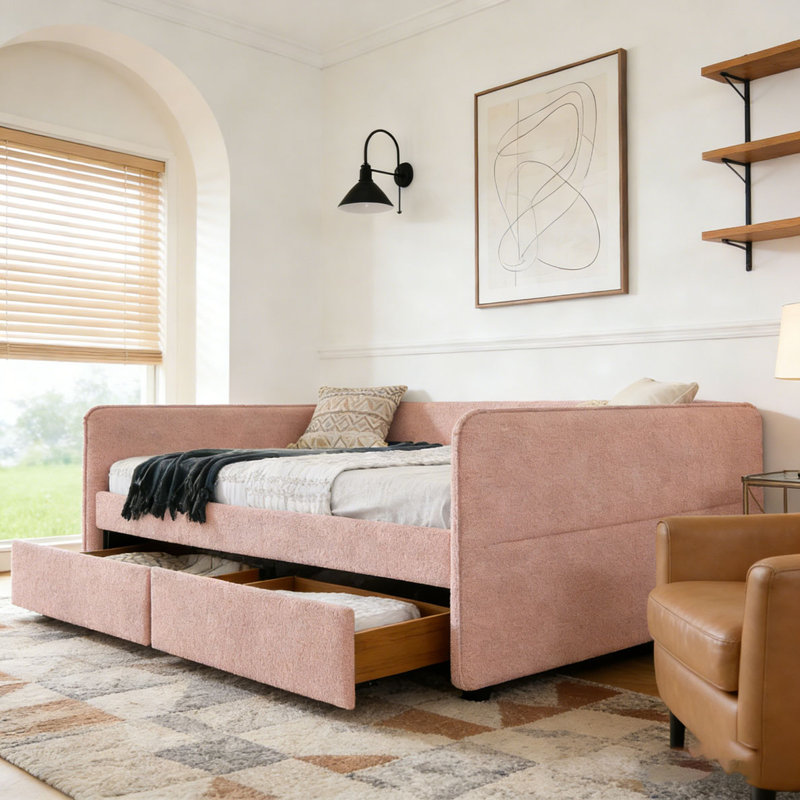 Boucle Fabric Daybed, Queen, Pink-2 Drawers