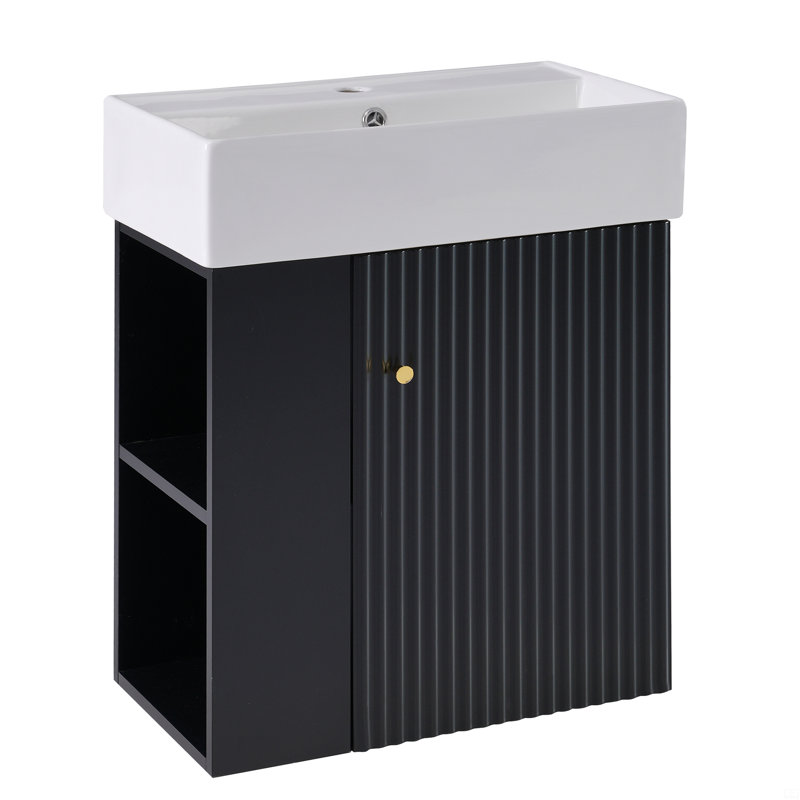 Meuble-lavabo flottant avec lavabo en céramique, Noir, Doré