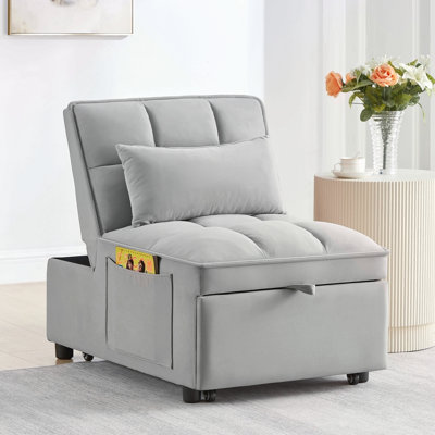 4 In1 Multi-Function Single Sofa Bed With Storage Pockets,Tufted Single Pull-Out Sofa Bed With Adjustable Backrest And Pillows ,Convertible Chaise Lounge