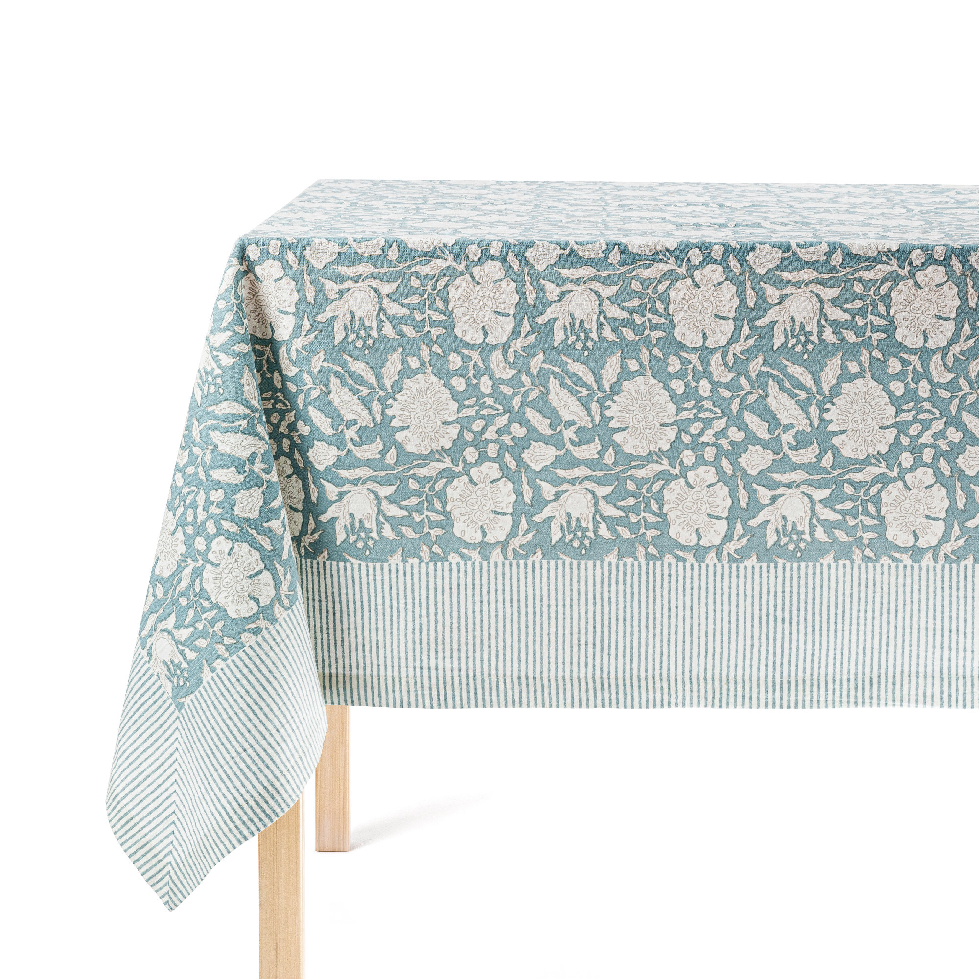 over&back Hand-Blocked Tablecloth, 70" W x 108" L, Blue Floral