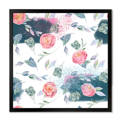 Pink Beautiful Roses Green Leaves Briar Berries - Painting on Canvas