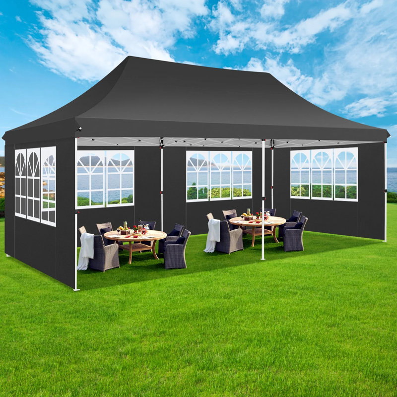 118" W x 118" D Pop Up Canopy Tent with 6 Sidewalls - Adjustable Height, Waterproof & UV-Resistant, Includes Carry Bag, Sandbags, Stakes, and Ropes for Parties & Commercial Use"