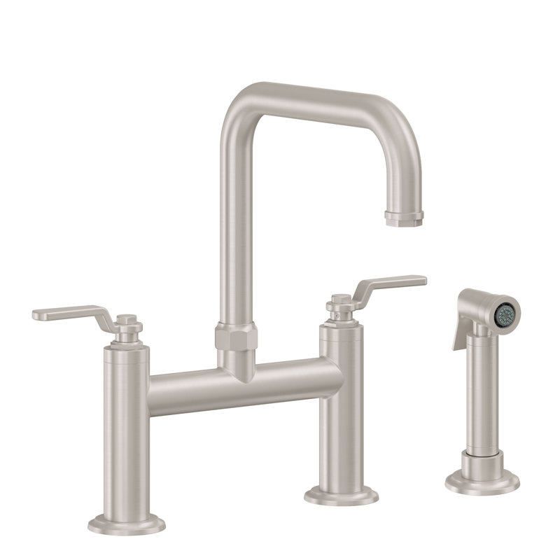 Bridge Kitchen Faucet With Sidespray - Quad Spout, With Side Spray, Ball Lever, Satin Brass