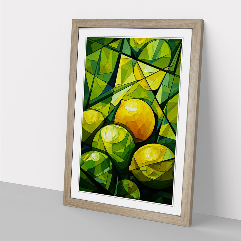 Lime Fruit Cubism - Single Picture Frame Print on Wood, 64cm H x 46cm W x 2cm D, Oak Framed