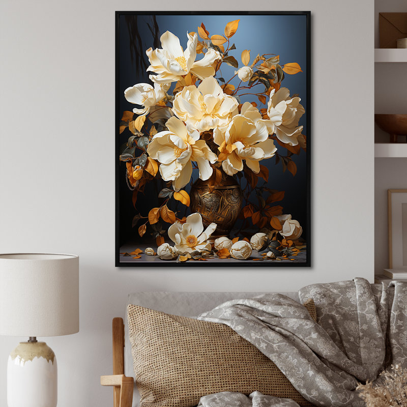 Majestic jaune doré Magnolias III - impression, H 44 po x l 34 po x P 1,5 po, Cadre flottant noir