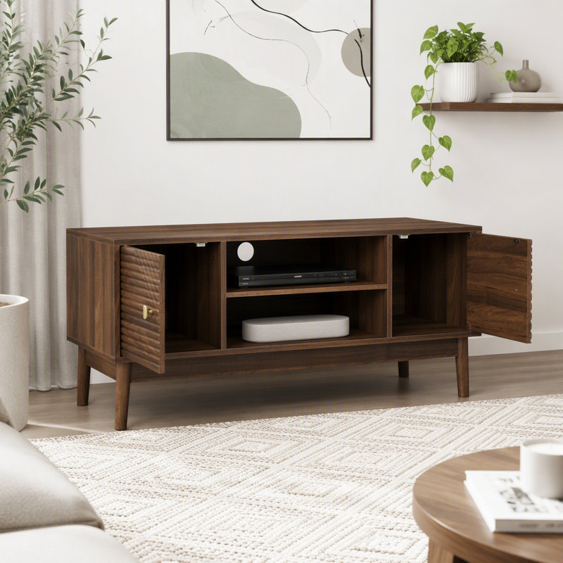 Meuble télé de 110 cm (43,31 pouces), de style moderne du milieu du siècle, pour téléviseurs de 81/114 cm (32/45 pouces), meuble multimédia avec rangement
