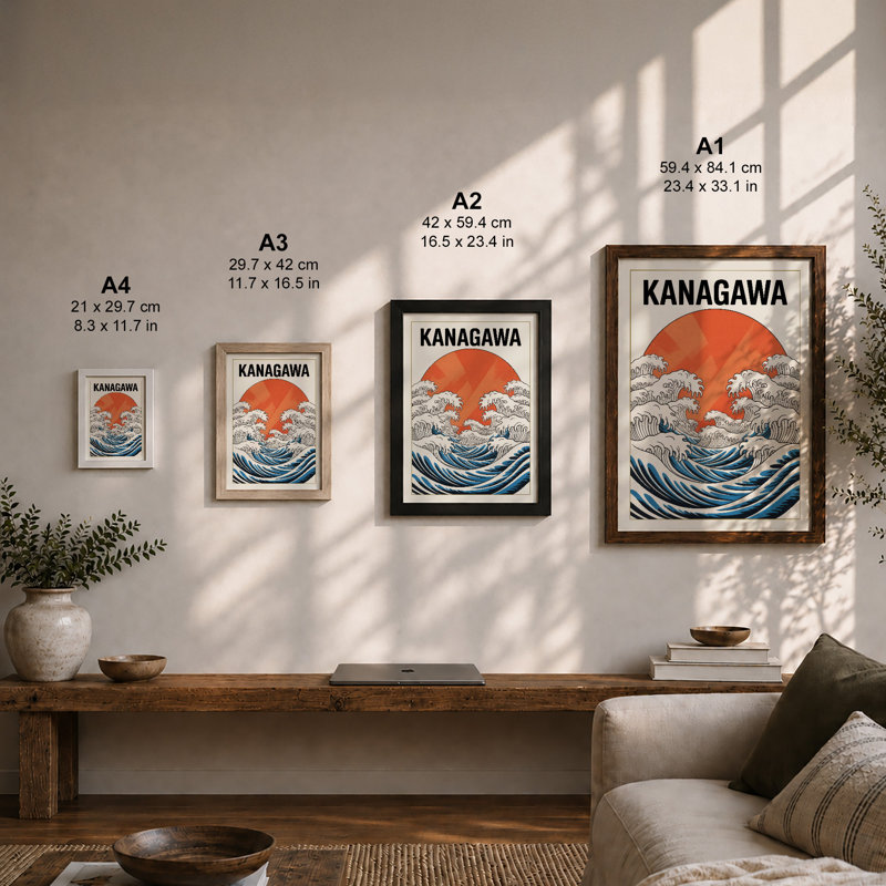 Kanagawa Wave And Sun Japandi - Print, A3 - 42.0 x 29.7 cm, White
